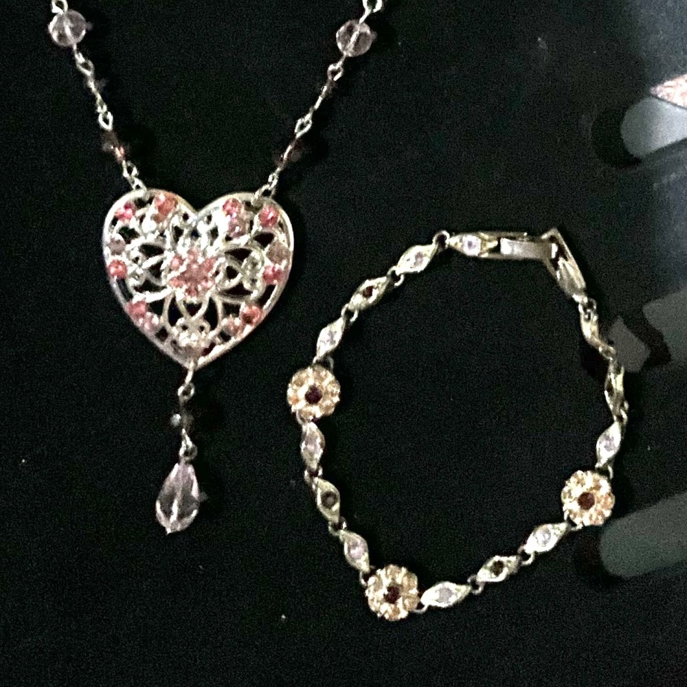 Silver Necklace with Large Heart Pendant & Matching Bracelet with Crystals